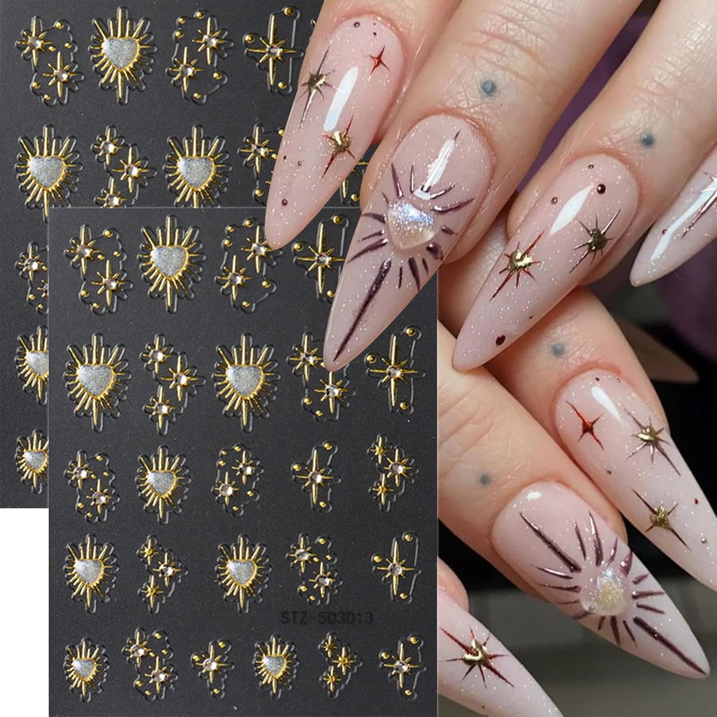 5D Star Nail Art Stickers Gold Nail Decals Rhinestone Design 2PCS Embossed Self-Adhesive Heart Star Moon Nail Supplies DIY Slider Manicures Accessories Stars Nail Art Stickers for Women Decorations