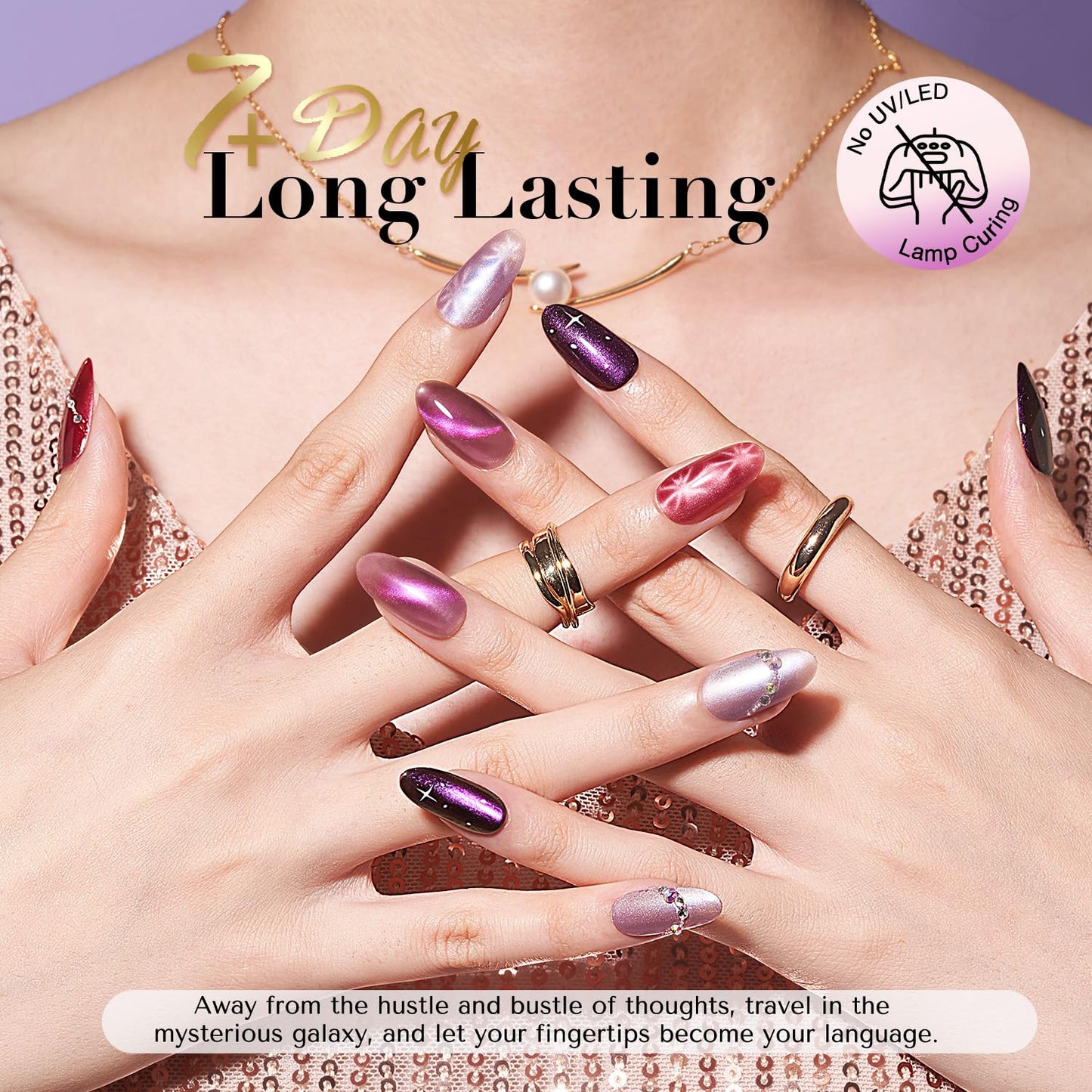 AZUREBEAUTY Cat Eye Nail Polish Set Quick Dry Mooncat Glitter Holographic Purple Black Red 4 Colors Natural Fingernail with Top Coat DIY Salon Home no Gel