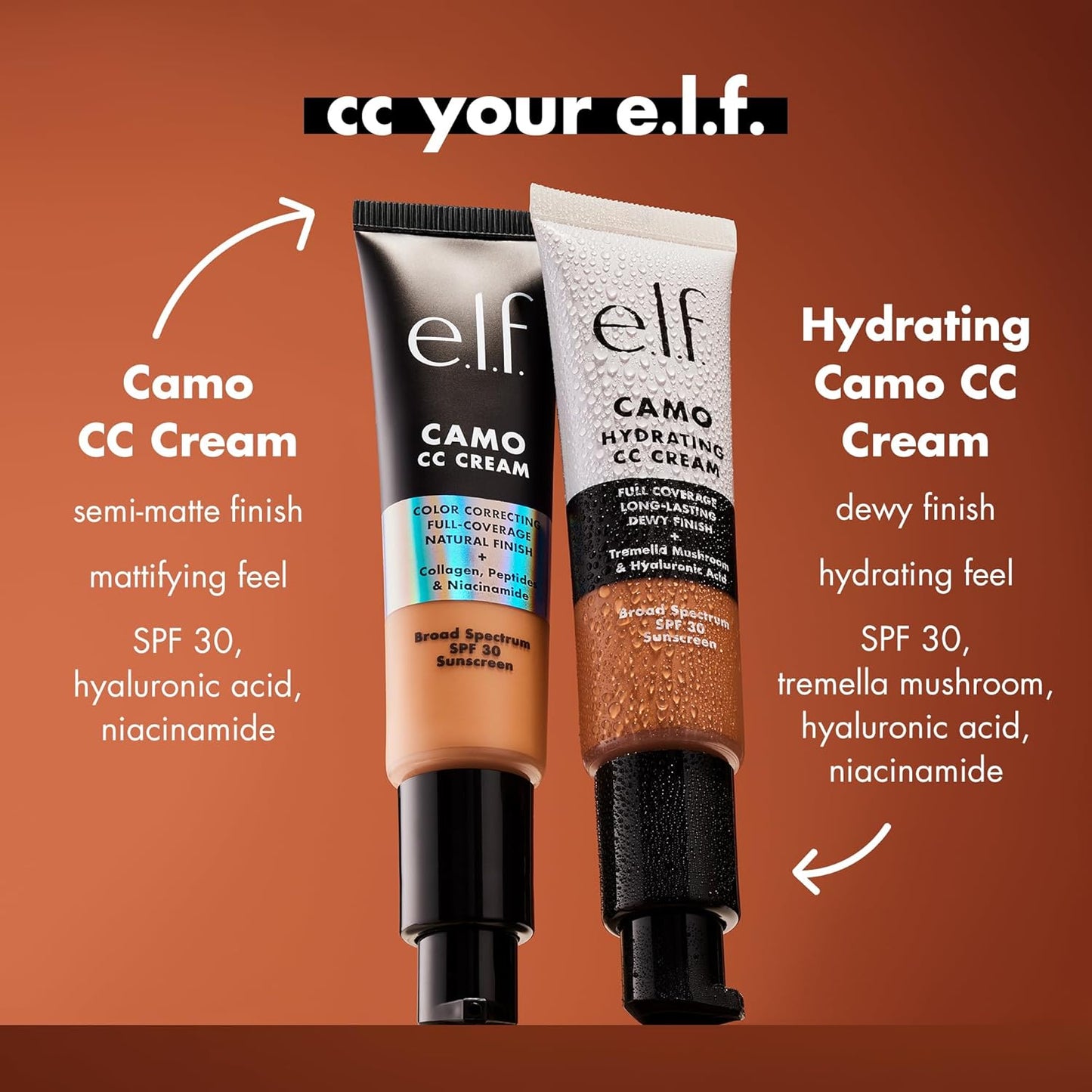 e.l.f. Hydrating Camo CC Cream, SPF 30, Color Correcting Full Coverage Foundation For A Dewy Finish, Vegan & Cruelty-Free, Deep 530 W