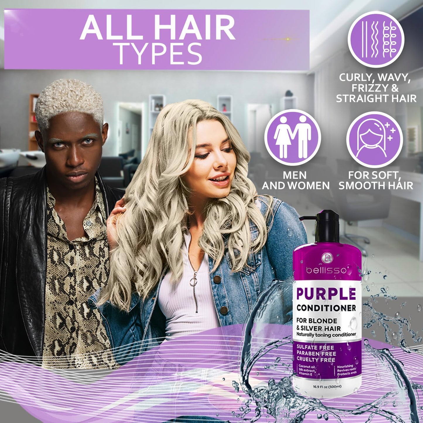 Purple Conditioner for Blonde Hair - Sulfate and Paraben Free Toner - No More Orange and Yellow Brassy Tones - More Balance for Color Treated, Bleached, Silver, White and Gray Hair - Women and Men