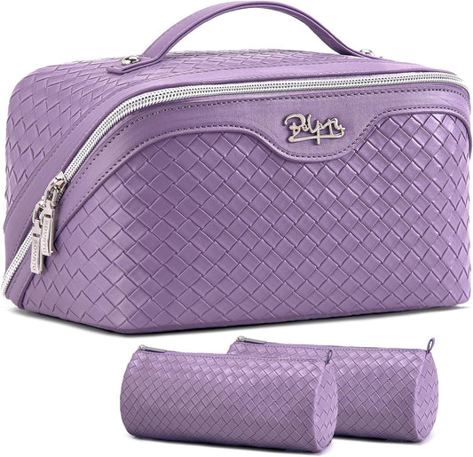 BOYATU Travel Makeup Bag Cosmetic Bags for Women: Large Capacity 3 Pcs Set Make up Bag with Compartments - Waterproof Vegan Leather Toiletry Organizer Bags with Handle - Travel Essentials(L01 Purple)