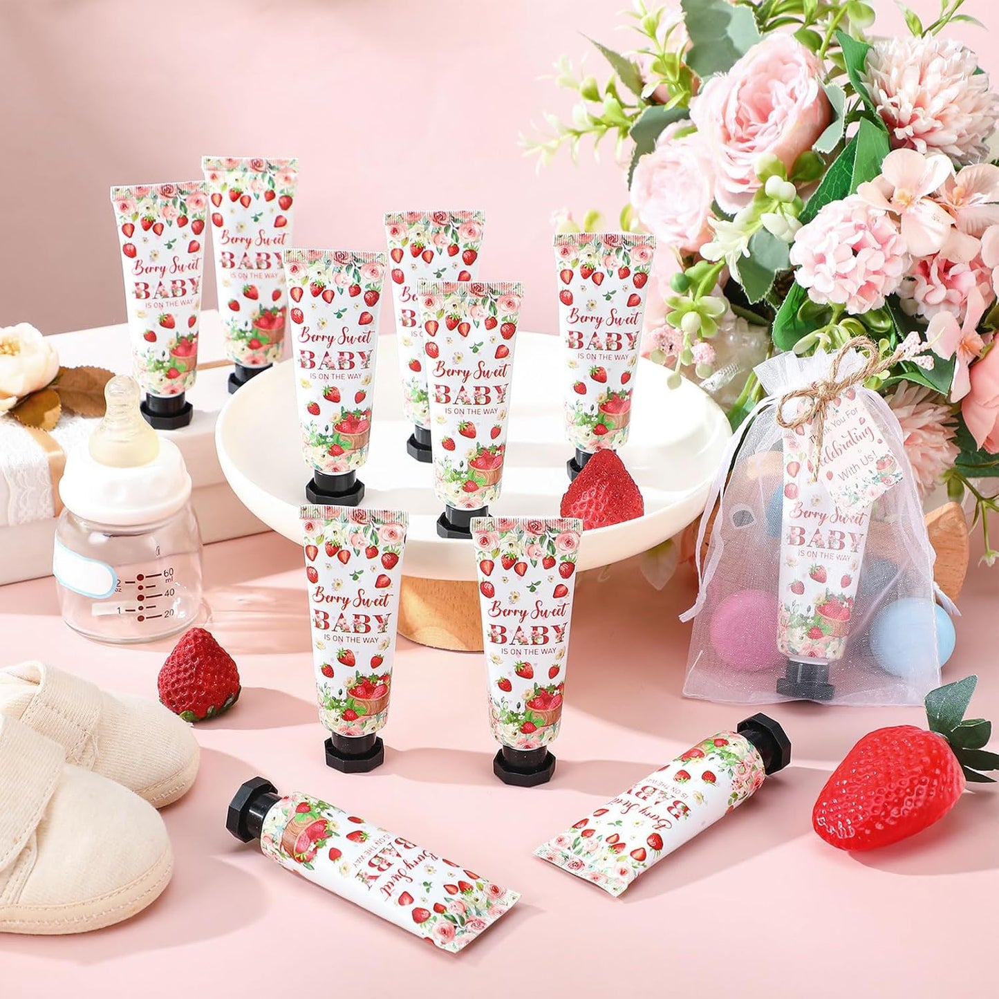 48 Sets Strawberry Hand Cream Gifts Baby Shower Party Hand Cream Favors for Guests Berry Sweet Baby Is on the Way Gift Bulk Travel Size Hand Lotion Set for Guest