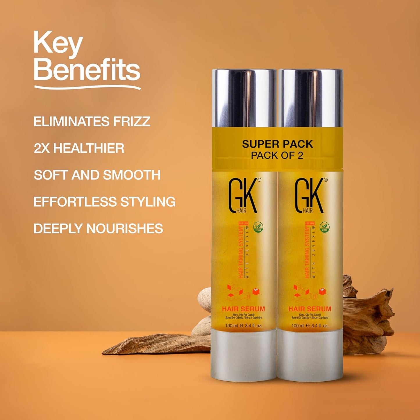 GK HAIR Global Keratin 100% Organic Argan Oil Anti Frizz Hair Serum Pack of 2 (3.4 Fl Oz/100ml) Styling Smoothing Strengthening Hydrating & Nourishing Heat Protection Shine For Frizzy Dry Damaged Hair