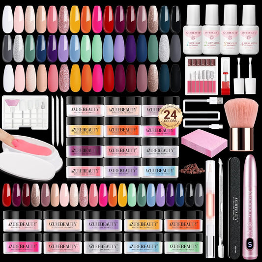 AZUREBEAUTY Dip Powder Nail Kit with Electric Nail Drill 24 Colors Nude Pink Glitter Red Green Nail Powder Starter Kit with Dip Liquid Set Base Top Coat Activator Portable Manicure Essential Set