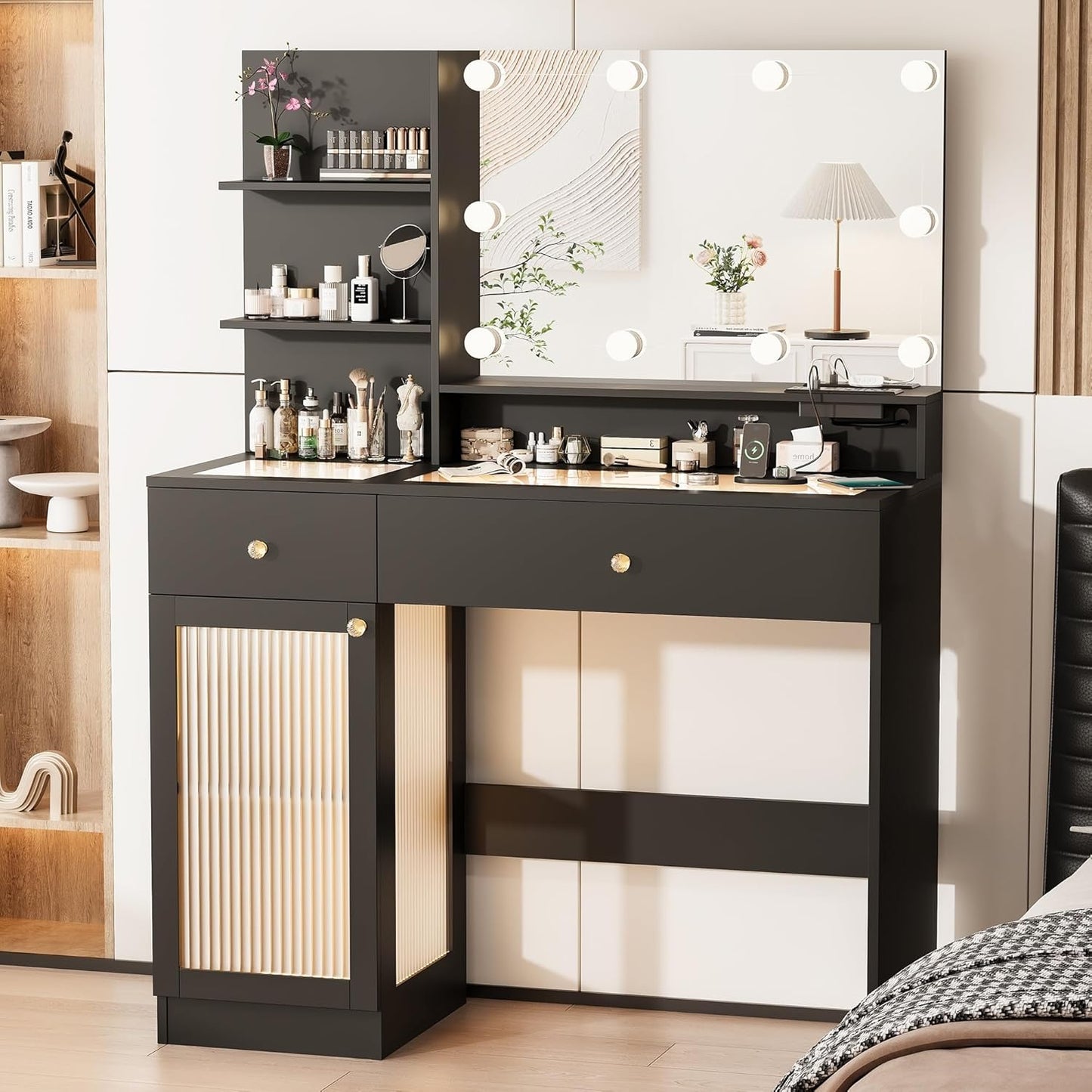 40" Vanity Desk with Large Mirror and Lights, Modern Glass Top Makeup Vanity Set with Power Outlet, Drawers and Cabinet, 3 Lighting Color Adjustable Dressing Table for Bedroom, Black