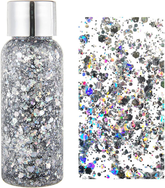 MAEPEOR Chunky Face Body Glitter Gel 19 Colors Mermaid Sequins Holographic Body Glitter Gel Long-Lasting Festival Makeup Glitter Paint for Face Body Hair Nails (30g, 01 Silver)
