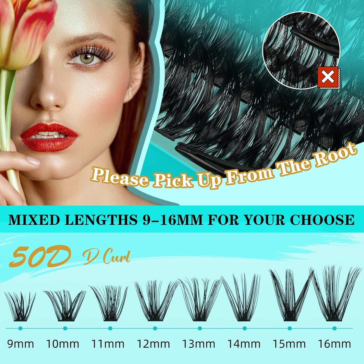 Lash Extension Kit 240Pcs 50D Individual Lashes Clusters Kit,Lash Bond And Seal for Eyelashes Extensions,Lash Applicator Tool For False Eyelash Cluster Kit(50D,D-Mix9-16mm)