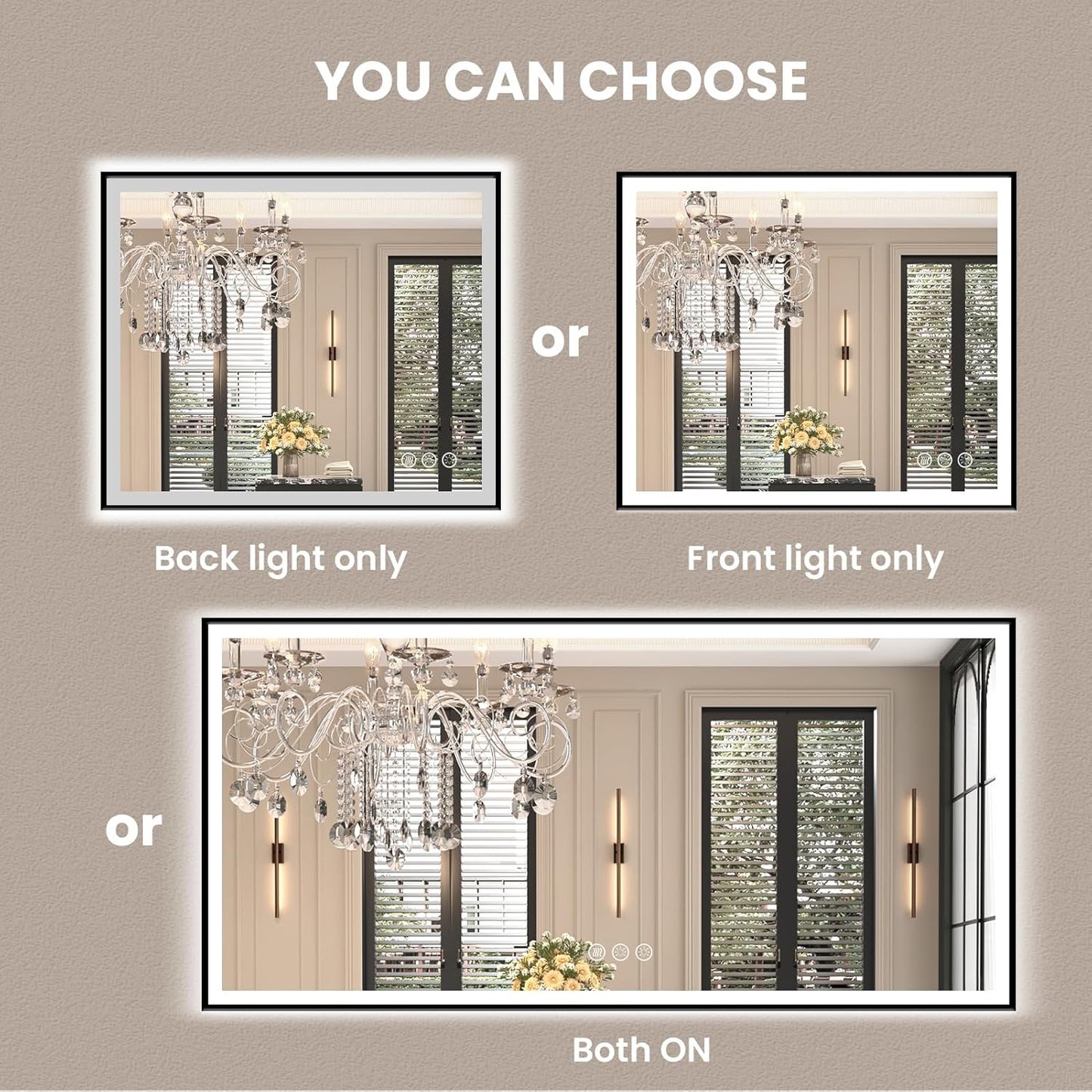 Amorho 60" X40" LED Bathroom Mirror with Black Frame, Front Light and Backlit(Controlled Separately), Stepless Dimmable, Anti-Fog, Shatter-Proof, 3 Colors, Memory