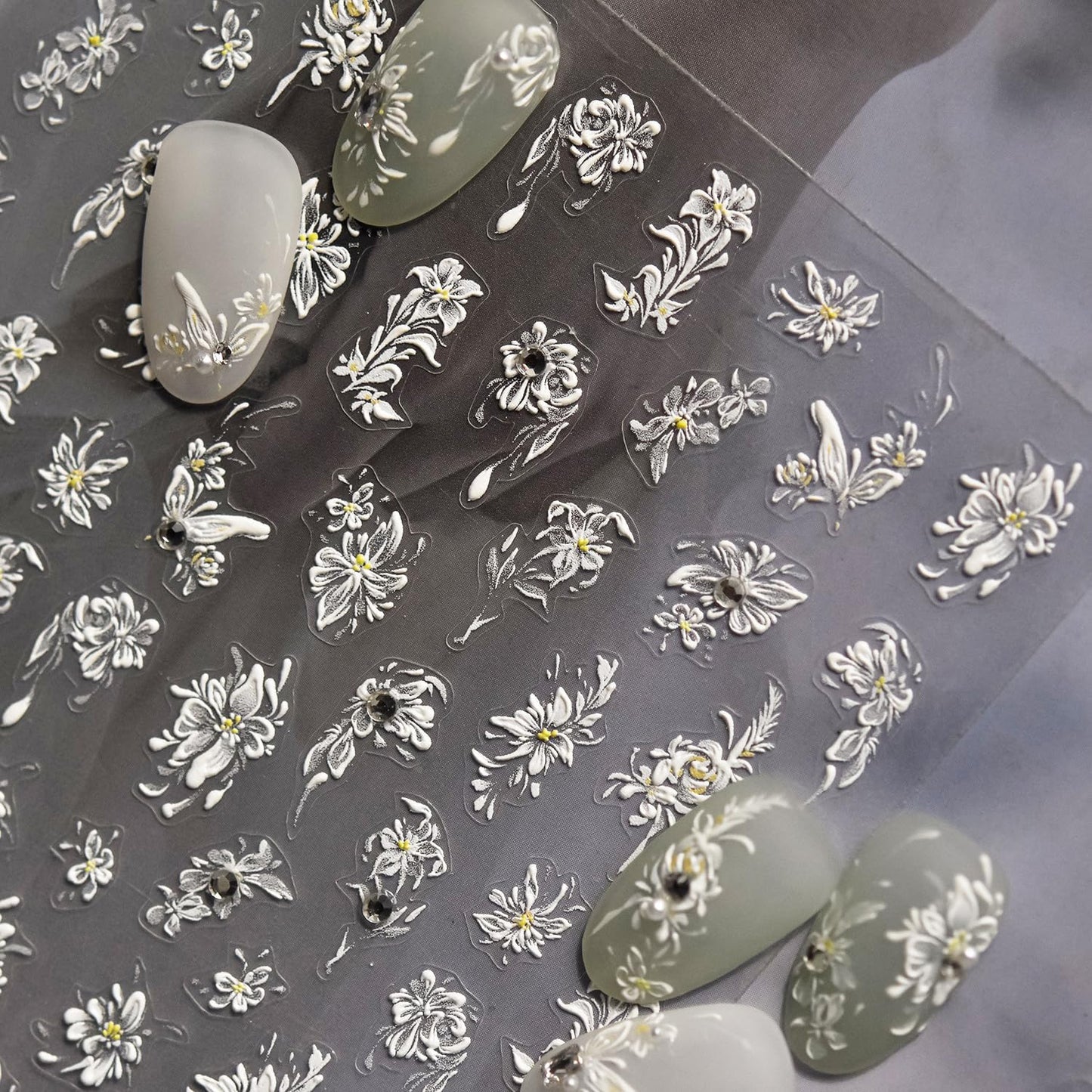 Flower Nail Art Stickers White Floral Nail Stickers 5D Embossed White Style Nail Decals Accessories with Rhinestone Nail Decals Manicure Supplies for Women DIY Decorations