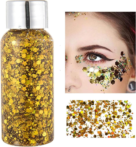 MAEPEOR Chunky Face Body Glitter Gel 19 Colors Mermaid Sequins Holographic Body Glitter Gel Long-Lasting Festival Makeup Glitter Paint for Face Body Hair Nails (30g, 02 Gold)