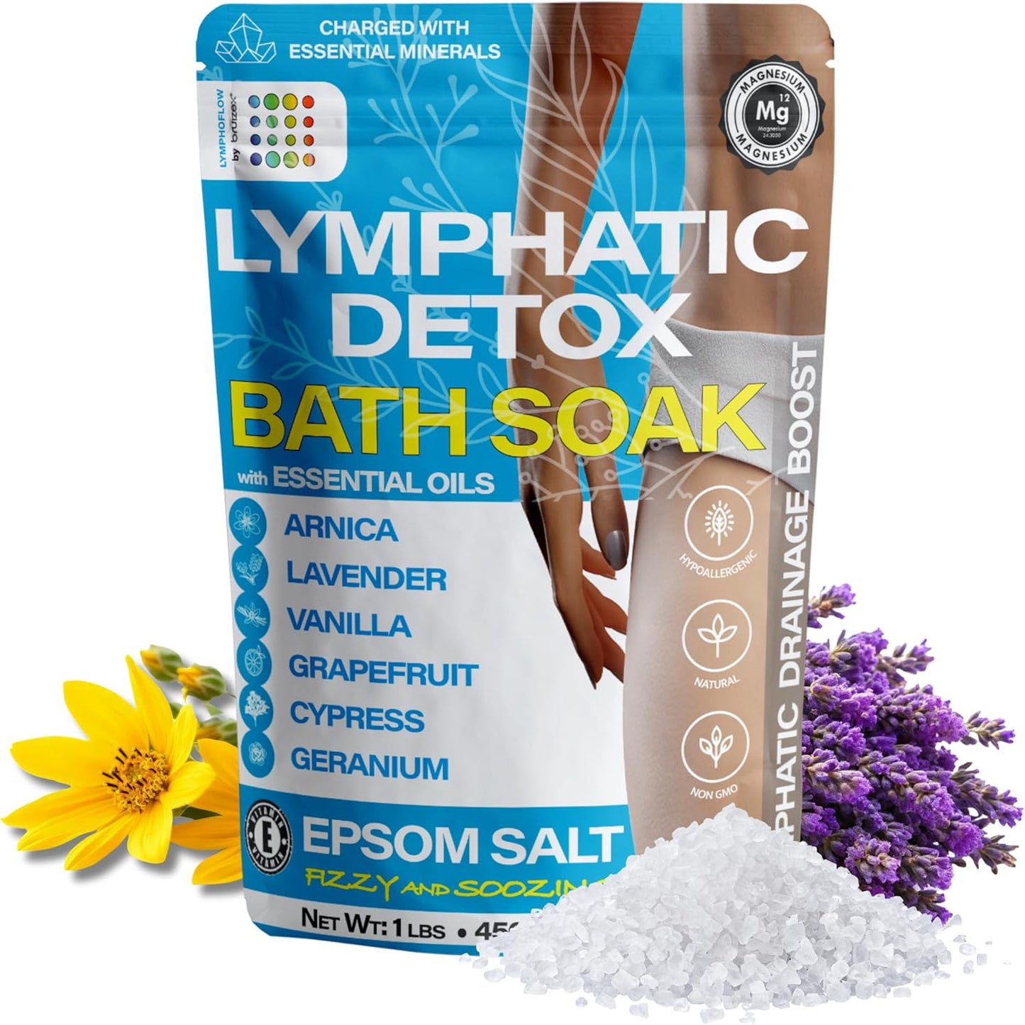 Arnica Montana Bath Salts, Espom Salt Bath Soak for Lymphatic Drainage & Body Detox, Epsom Salts for Soaking with Essential Oils, Bath Salts for Pain Relief, Swelling & Post Surgery, 1 Lb