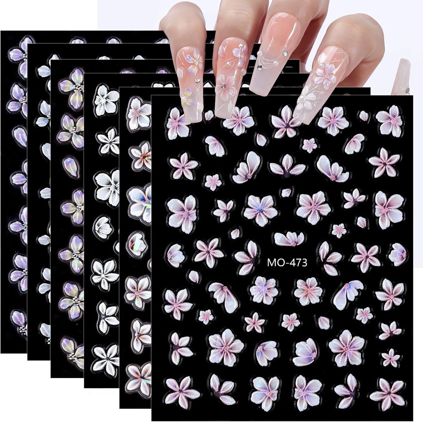 Flower Nail Stickers 6 Sheets Self-Adhesive Floral Nail Decals 5D Embossed Pink Purple White Nail Art Stickers for Women DIY Manicure Accessories Decorations