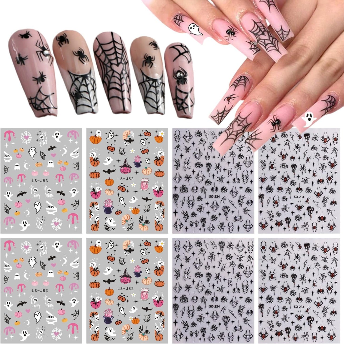 Halloween Nail Stickers Decals 8 Sheets Halloween Self Adhesive Nail Design Stickers Ghost Pumpkin Spider Web Bats Nail Art Decals for Women DIY Manicure Halloween Nail Glitter Decals Decoration