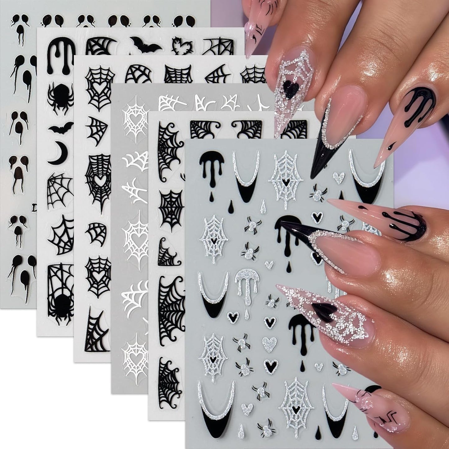 6 Sheets Halloween Spider Web Nail Stickers Spider Nail Stickers for Nail Art 3D Self-Adhesive Ghost Nail Decals Black White Spiders Web Bat Silver Glitter Black French Nails Design Supplies for Women
