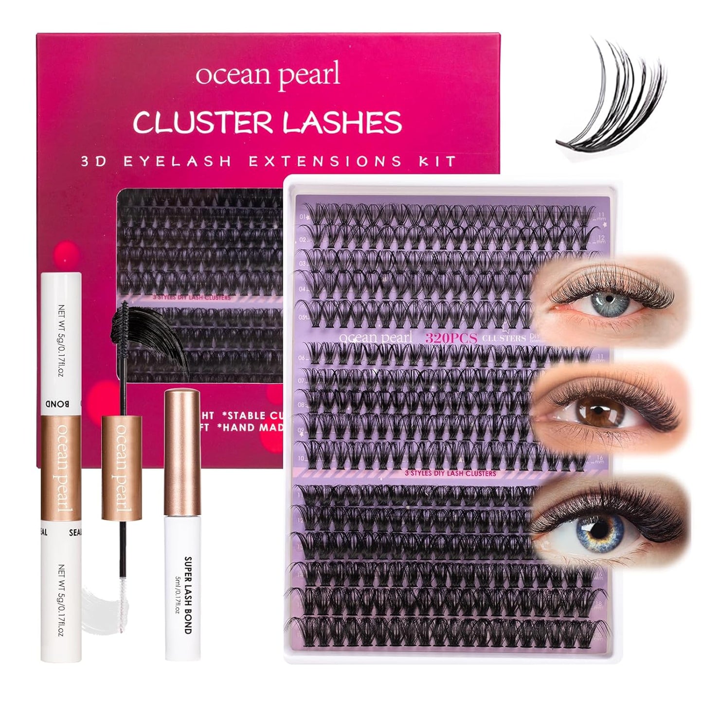 Ocean Pearl Lash Clusters 320PCS 11-20mm Lash Extension Kit 30D+40D+60D Eyelash Extension Kit Individual Lashes Thick Eyelash Clusters Lashes Clusters with Eyelashes Bond+Seal+Adhesive+Tweezer-60D