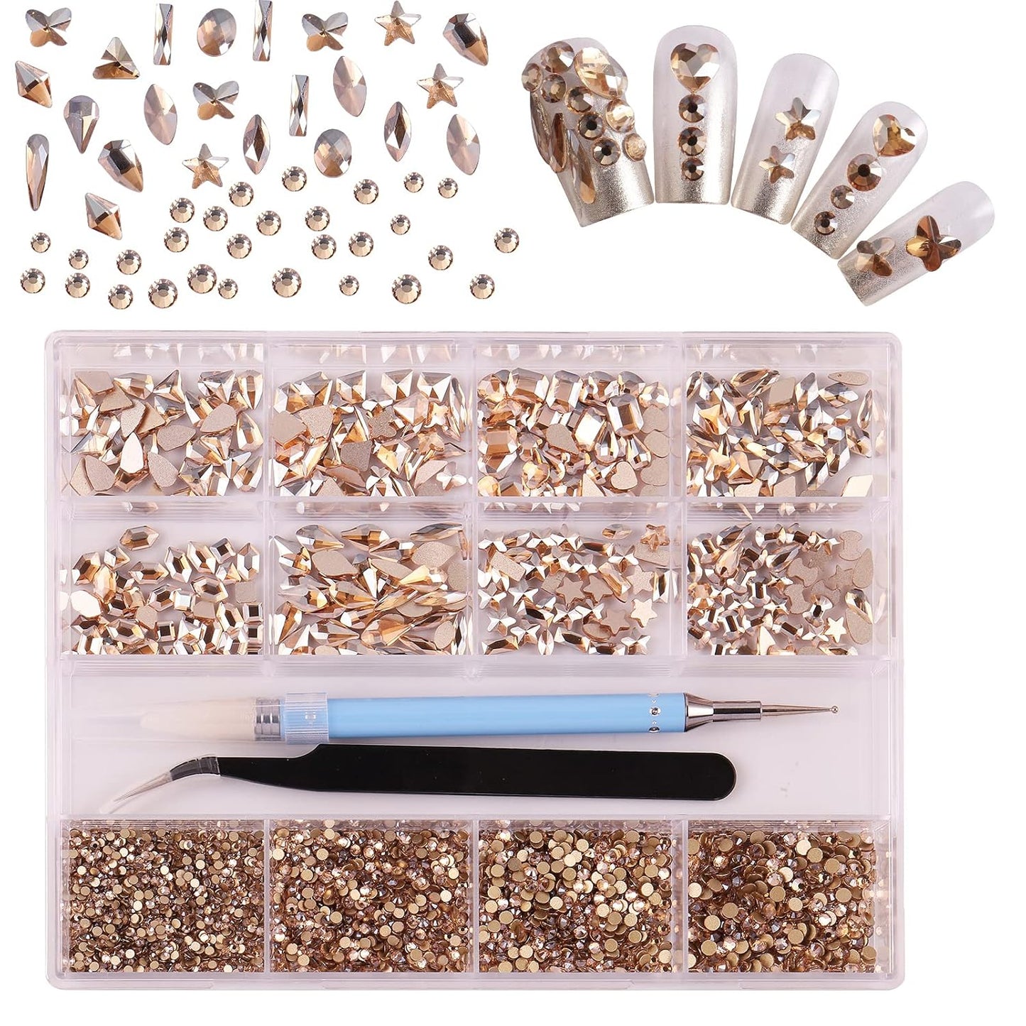 3320Pcs Champagne Nail Art Rhinestones Crystal,3D Rhinestones Gems Jewels Diamond,24 Types of 320 Diamonds + 3000 Round Beads, Crystals 3D Flat Back Gemstones for Nail DIY Crafts with Tweezers Pen