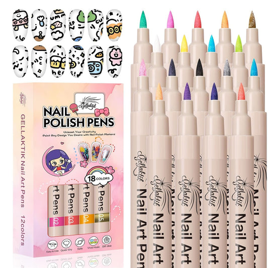 18 Colors Nail Art Pens Set, 3D Nail Polish Pens Quick-Drying Acrylic Paint Markers, Dotting Liner Brush for DIY Nail Design, Home & Salon Manicure Tools