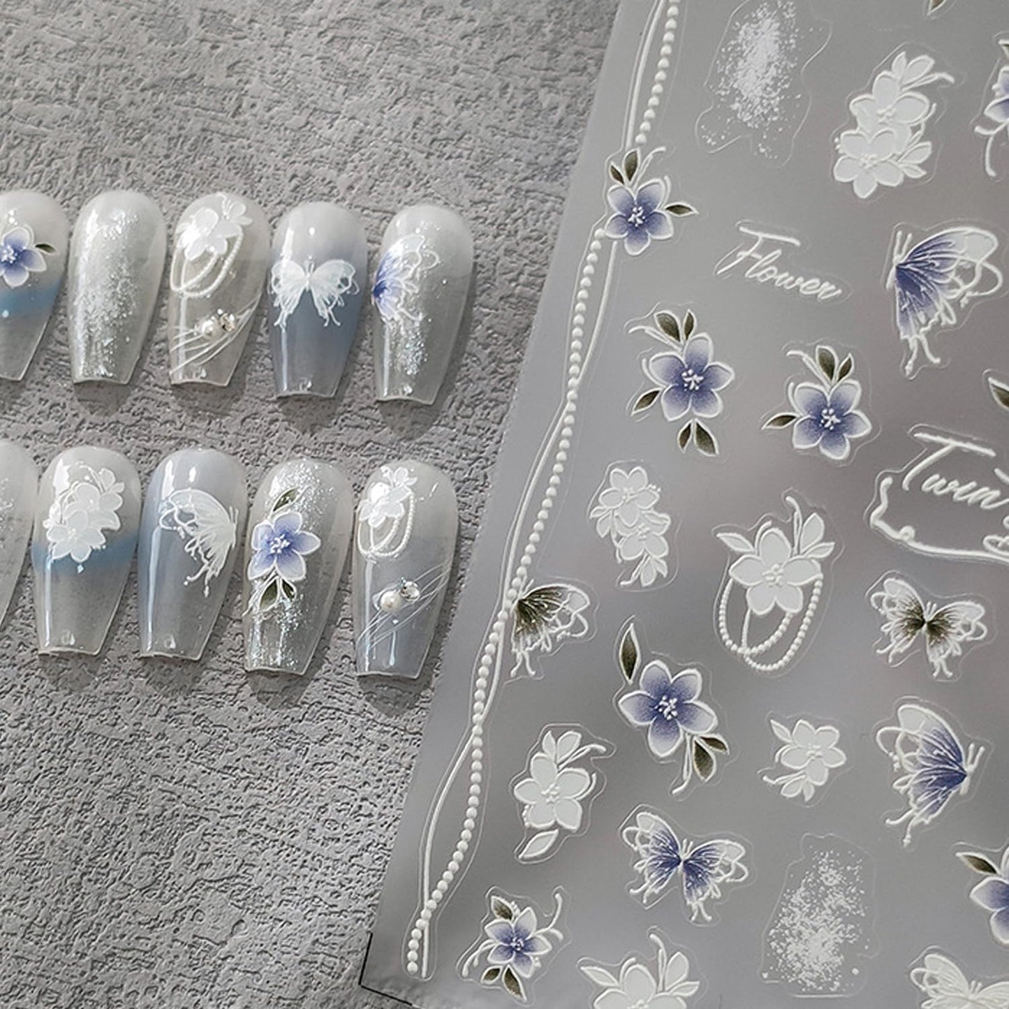 Flower Nail Stickers 5D Embossed Nail Art Stickers Decals Self-Adhesive Butterfly Floral Nail Supplies Spring Nail Art Design Decoration Accessories(1, Flower Butterfly)