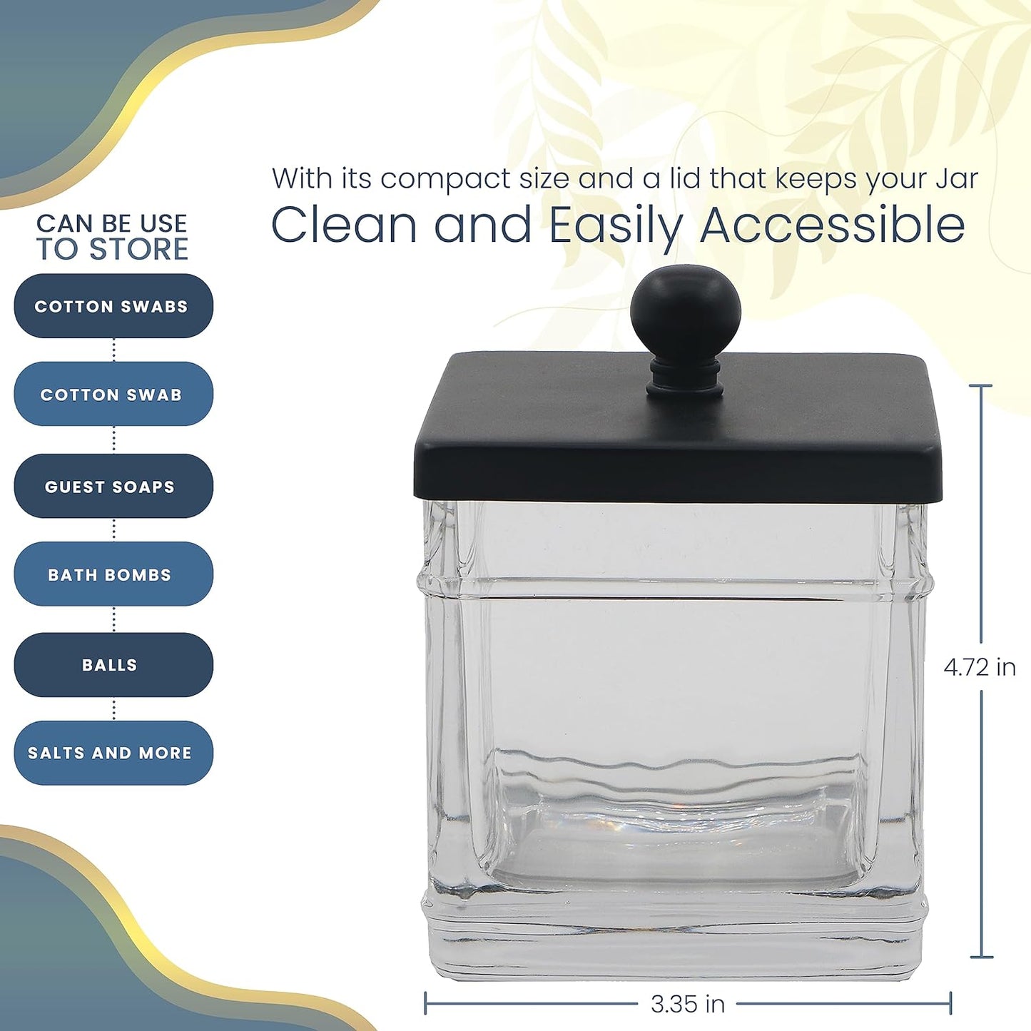 H Halston Apothecary Glass Cotton Jar Holder for Qtips, Cotton Balls, Floss, Storage Canister, Bathroom Organization, With Matte Black 304L Stainless Steel Lid, Makeup Vanity Organizer