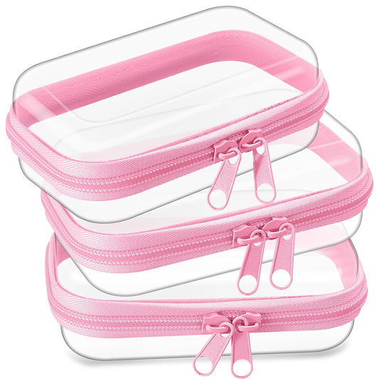Hoolerry 3 Pcs Clear Hard Zipper Case Plastic Pouch Transparent Hard Case Clear Makeup Bag Portable Travel Organizer Bin for Cosmetics, Building Blocks, Puzzles(Pink,Xs)
