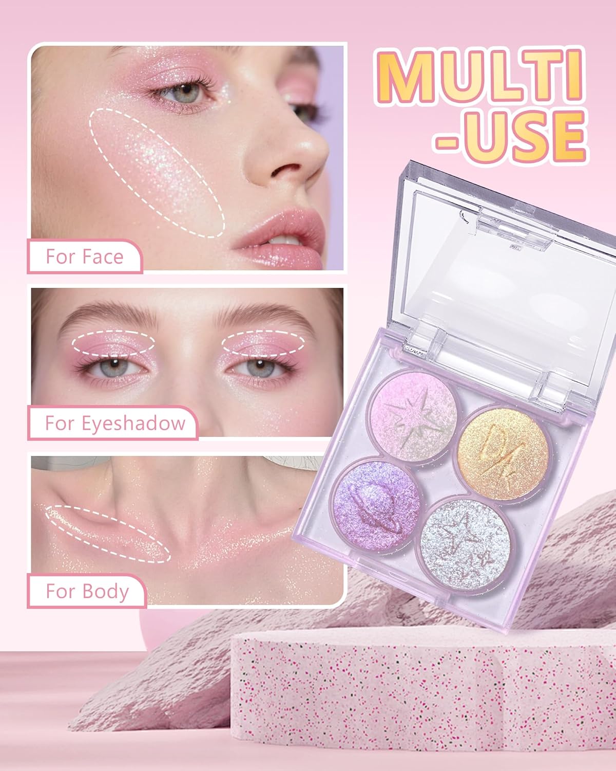 Holographic Multichrome Glitter Eyeshadow&Highlighter Palette, Sparkling Color Shift Metallic Shimmer Face Eye Shadow Palette,Highly Pigmented Cream Purple Mermaid Facial Illuminator Fairy Makeup-02