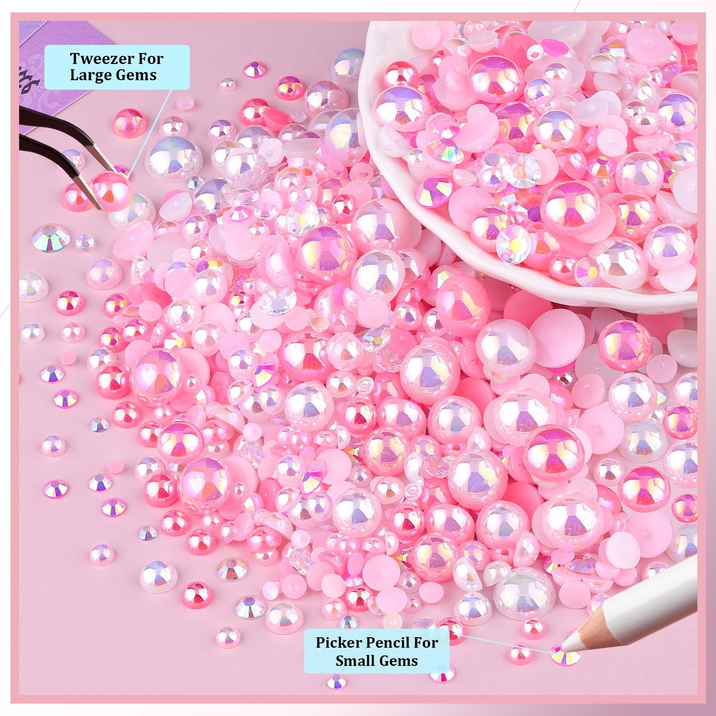 80g Flatback Pearls and Rhinestones for Bedazzling, Pink White Mixed Size 3-10mm Resin Rhinestones and Half Pearls for Crafting, Nail Art and Grad Cap Decoration with Tweezers and Pickup Pencil