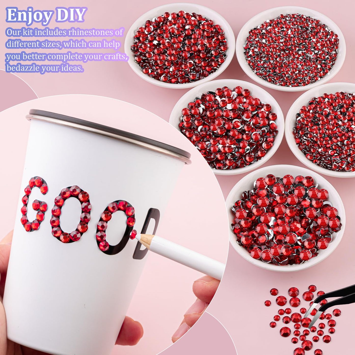 25000Pcs Resin Rhinestones for Crafting, Red 2-6mm Mixed Sizes Non Hotfix Flatback Gems, Bedazzling Crystal for DIY Crafts Clothing Tumblers Mugs Shoes Fabric Nail Art