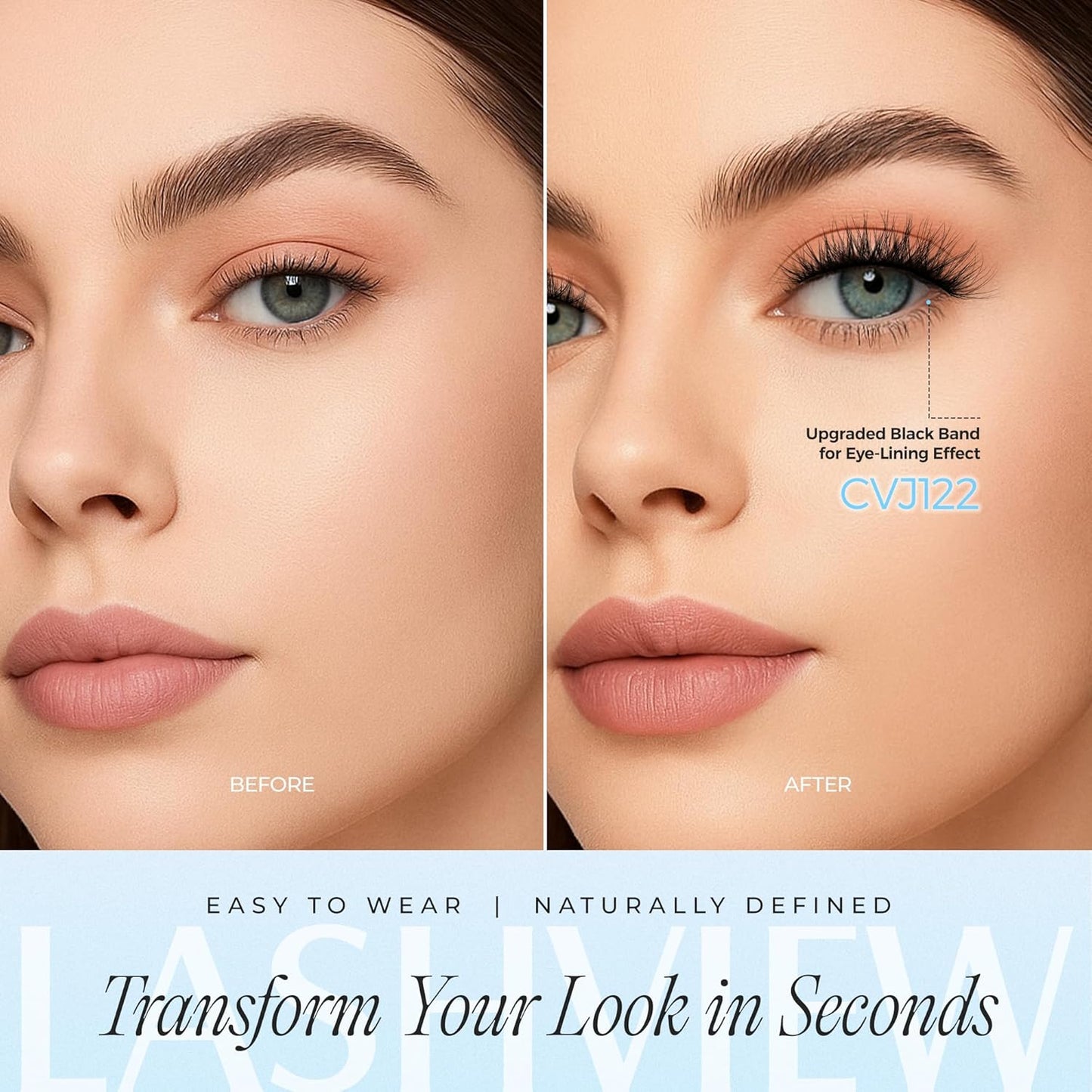 LASHVIEW Self Adhesive Eyelashes 5 Pairs Cat Eye Wispy Self-adhesive False Lashes Reusable Natural Look Press On Lashes No Glue Need Eyelashes with Replacement Adhesive Strips (CV122)