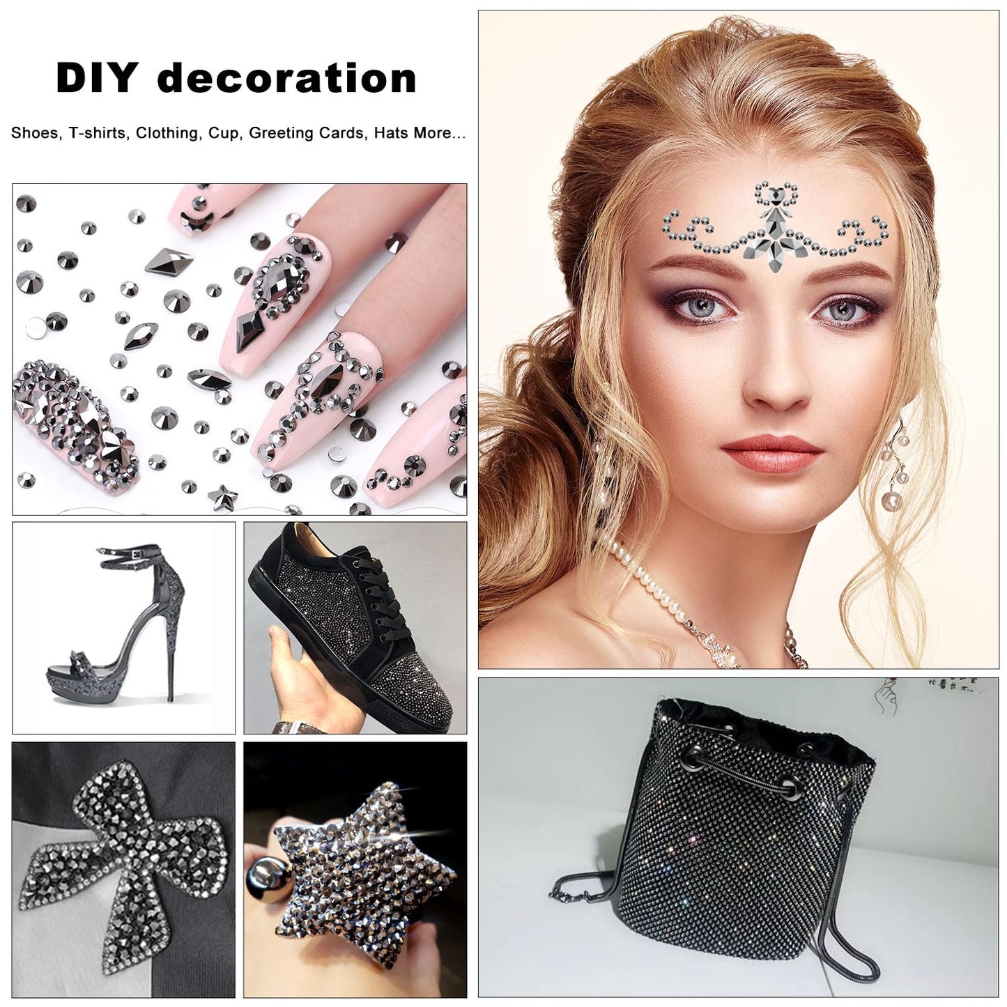 4240Pcs Jet Hematite Flatback Rhinestones 6 Sizes Crystal Diamonds for Nail Art Crafts Clothes Shoes with Tweezers and Picking Pen