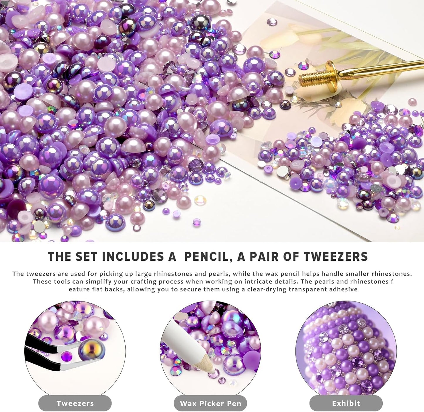 80g Mix Flatback Pearls and Rhinestones for Crafts Dark Purple Mixed Size 2mm-10mm Half Round Pearls Rhinestones for Nail Art Tumblers Shoes DIY Bedazzling with Tweezers Wax Pen