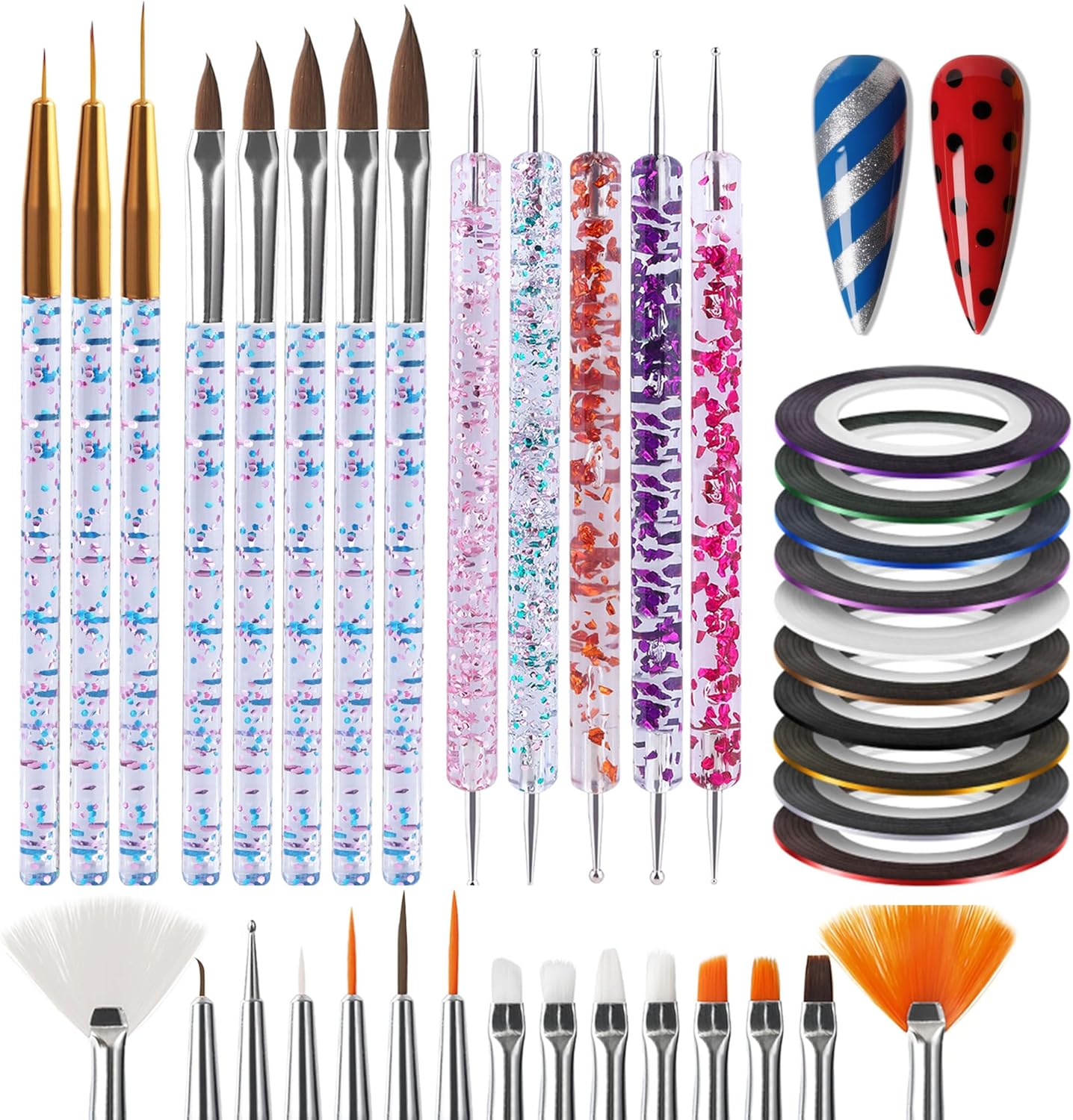Artdone 38Pcs Nail Striping Tape Lines Kit With Nail Art Pens Dotting Tools And Liner Brushes For Gel Polish Small Detail Drawing Design Paint