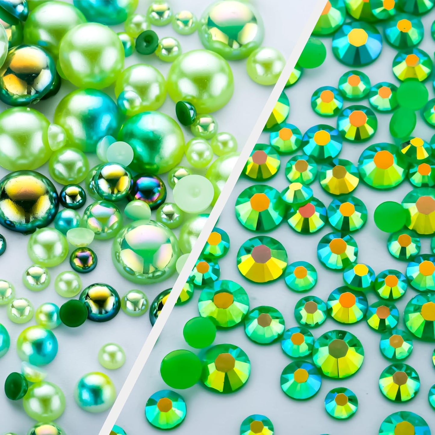 60g Cyan Green Flat Back Pearls Rhinestones for Crafts Mixed Size 3mm-10mm AB Color Round Half Pearls Flatback Pearl Beads and Resin Rhinestones Set for Face Art with Glue
