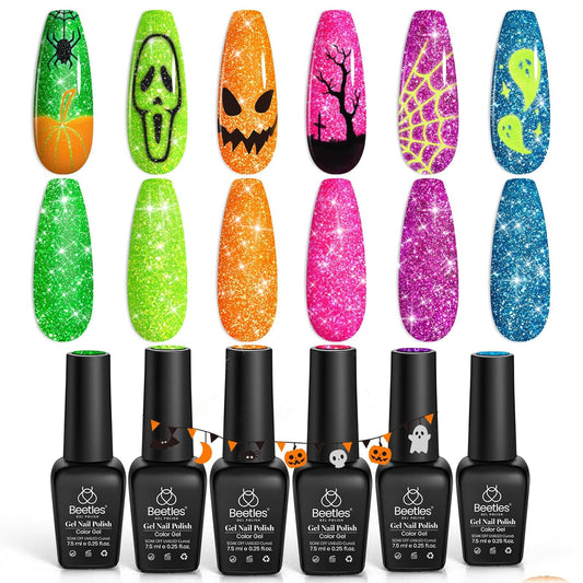 beetles Gel Polish Neon Carnival 6 Colors Reflective Glitter Gel Nail Polish Set Nails Blue Hot Pink Purple Soak Off Uv Led Sparkly bright Colors Halloween Nail Polish Kit Gift for Women