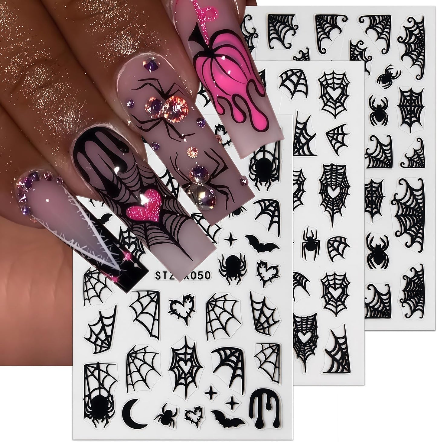 8 Sheets Spider Nail Art Stickers Halloween Nail Decals Black White Spider Web Spiders Design 3D Self-Adhesive Nail Sticker Fall Holiday Acrylic Manicure DIY Nails Decoration Supplies for Women