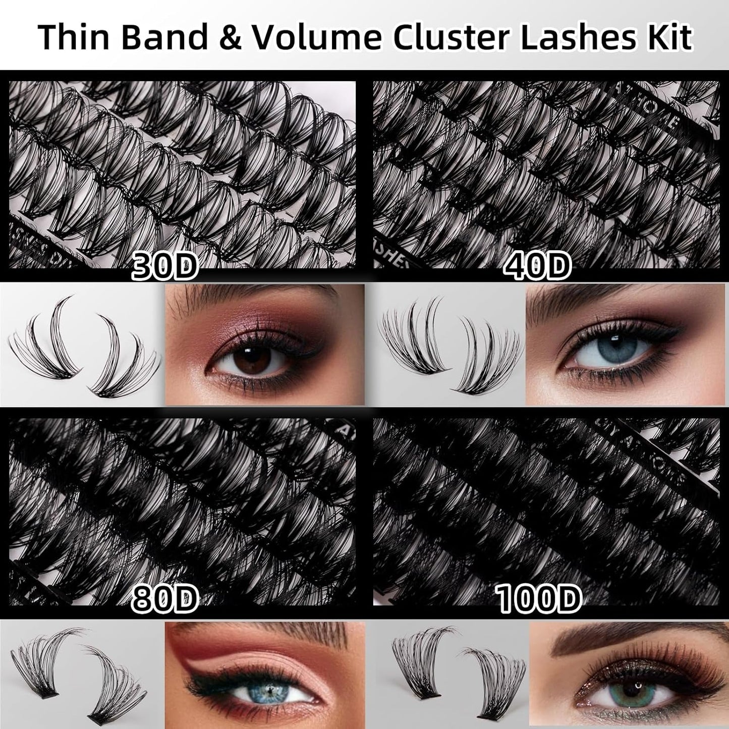 Lash Clusters 320pcs Lash Extension Kit 30D 40D 80D 100D Individual Lashes Kit 12-20mm Eyelash Extension Kit with Lash Bond&Seal,Lash Remover and Lash Tweezers for Easy Use(30/40/80/100D-0.07D Kit))