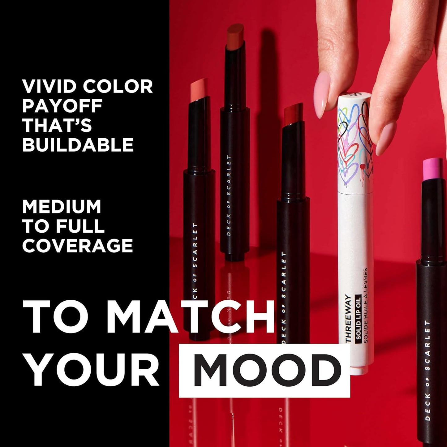 Deck of Scarlet Threeway Solid Lip Oil, Vegan Formula With Hyaluronic Acid and Hydrating Oil Blend, Glossy Finish - Scarlett Passion