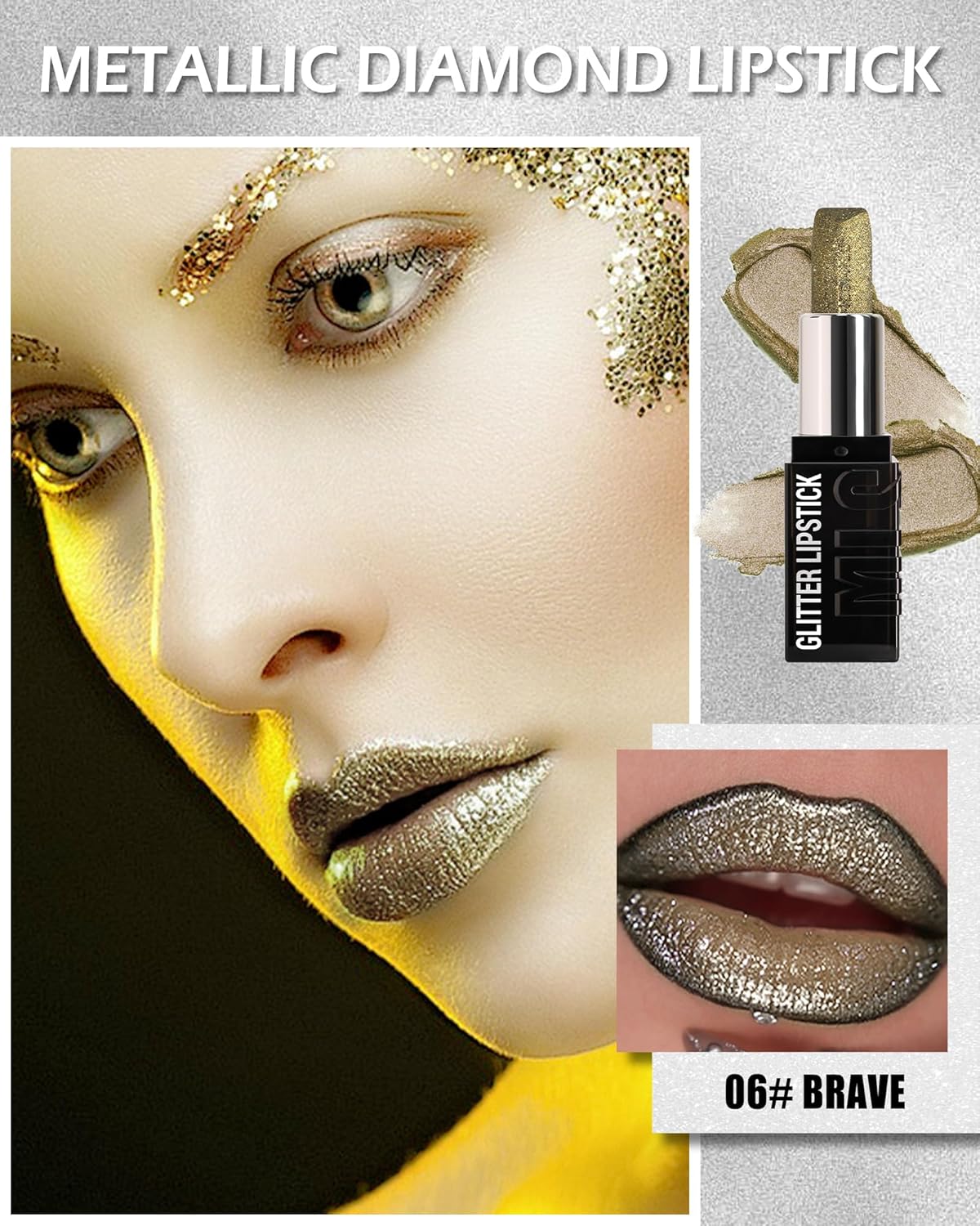 Diamond Glitter Matte Lipstick,Long Lasting Waterproof Green Glod Metallic Sparkling High Pigment Non-Stick Lip Tint Lip Gloss,Full-coverage Lipgloss, Mother's Day Lip Makeup Gift for Women Girl-06