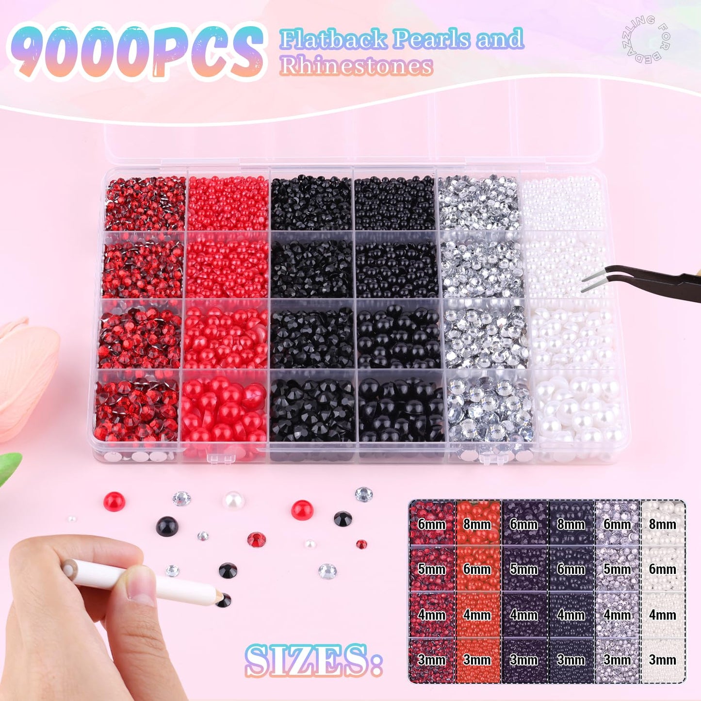 9000Pcs Flatback Pearls and Rhinestones for Crafting, Red White Black Mixed Size 3-8mm Resin Rhinestones and Half Pearls for Bedazzling, Nail Art and Decoration with 3pcs B7000 Jewelry Glue