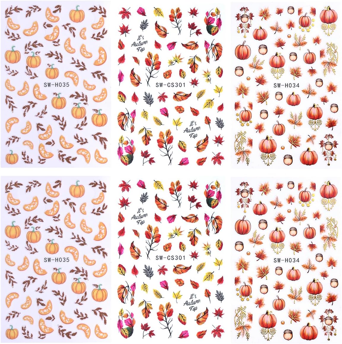6PCS Fall Nail Art Sticker Autumn Leaves Pumpkin Nail Decals 3D Self-Adhesive Thanksgiving Gold Yellow Maple Leaf Nail Design Nail Art Supplies for Women Holiday DIY Manicure Decoration Accessories