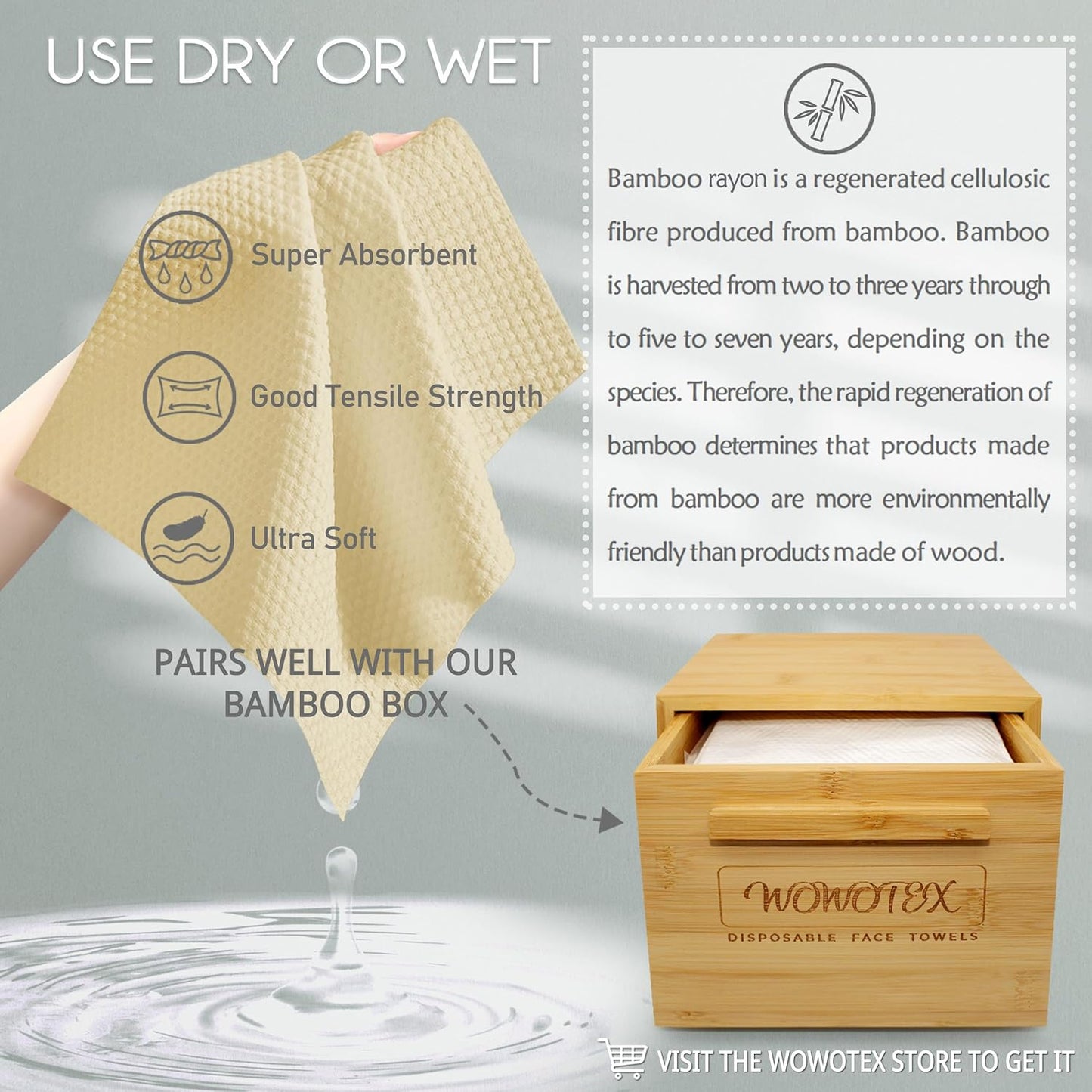 Bamboo Rayon Disposable Face Towel Biodegradable Large Dry Face Wipes 60 Count/1 Box Extra Thick Soft Clean Facial Towels for Sensitive Skin, Makeup Removing, Facial Cleansing, Nursing, Travel