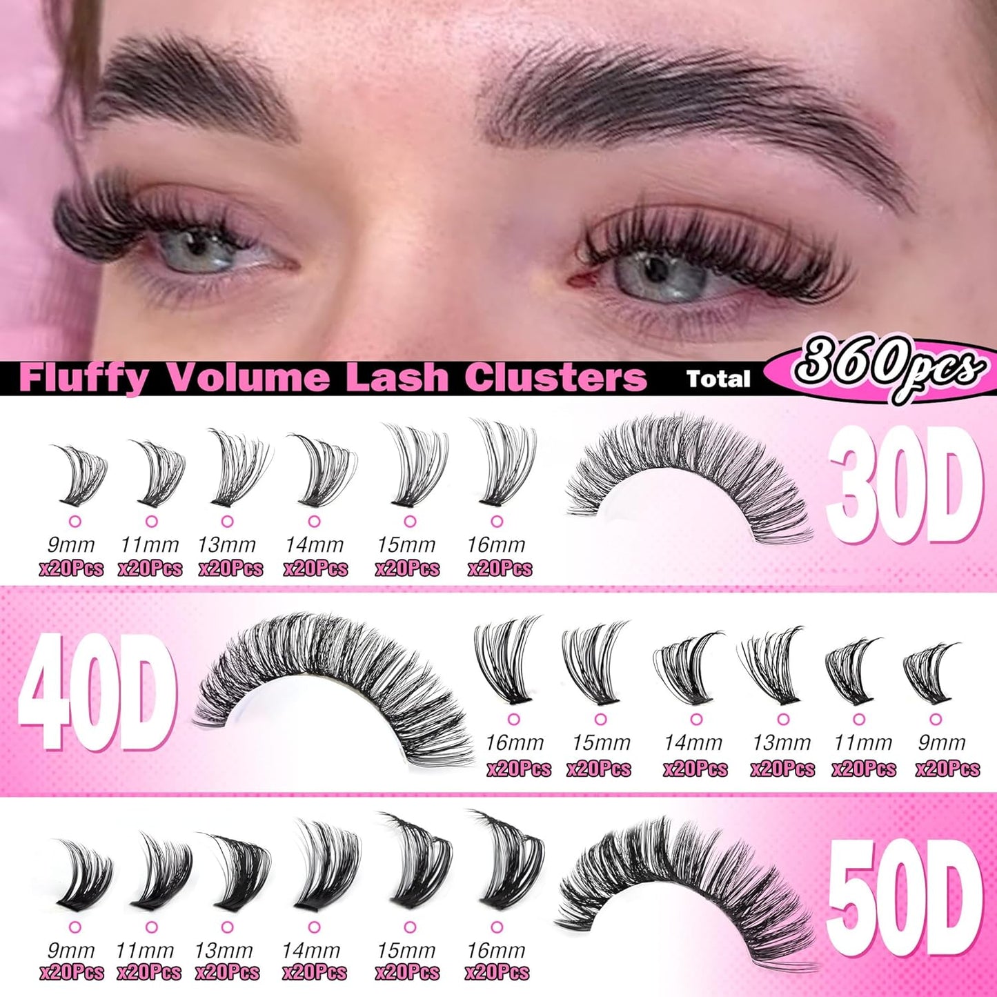 Focipeysa Fluffy 360pcs Lash Clusters 30P+40P+50P DIY Lash Extension Volume Thick Clusters Lashes D Curl Eyelash Extension 9-16mm Individual Lash for Self Application at Home