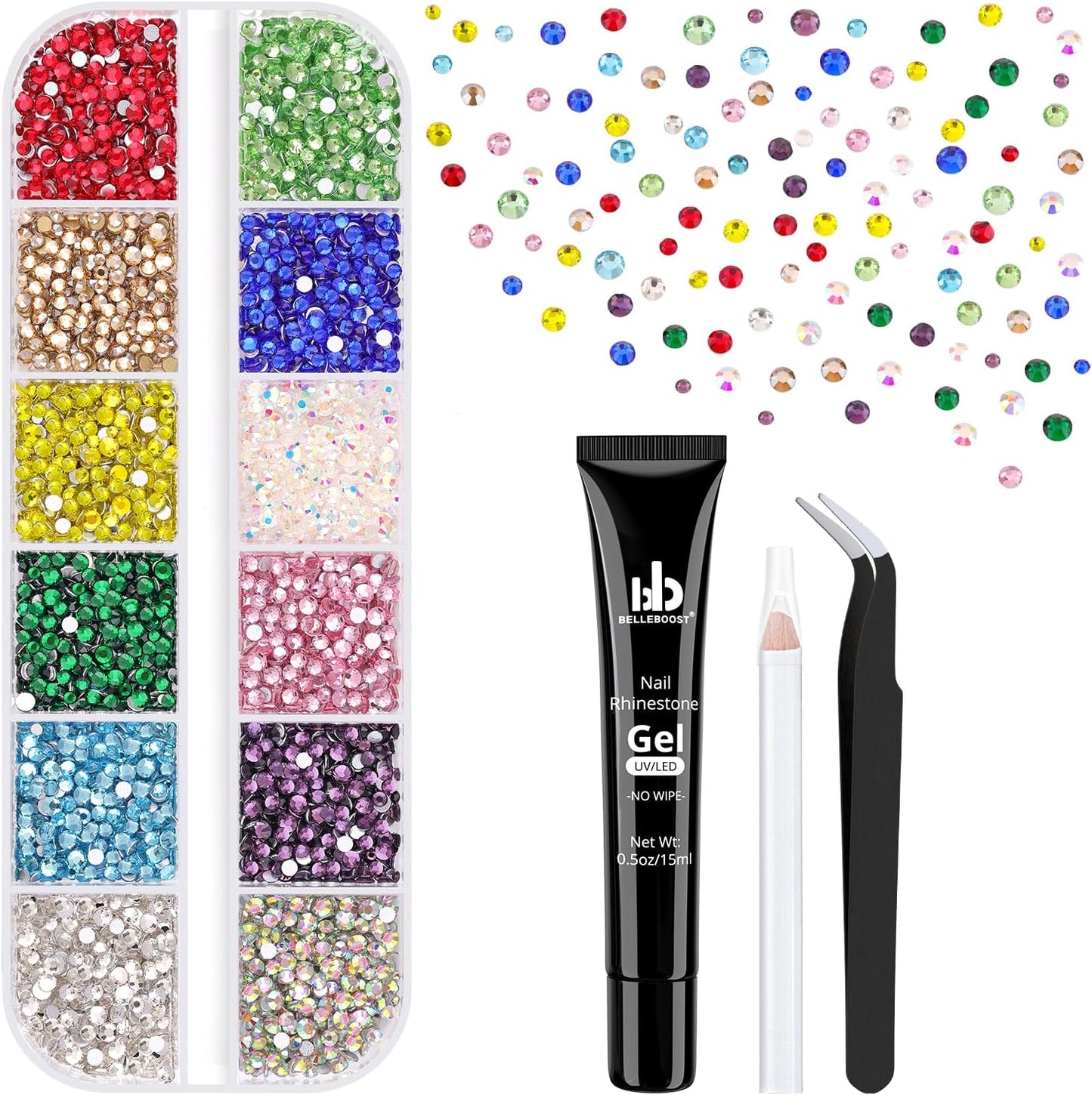 4200Pcs Small Glass Crystal Rhinestones for Nail Art with 15ML Nails Rhinestone Glue, Colorful SS3-SS10 Flatback Bedazzling Gems, Nail Rhinestones and Gems Charms for Acrylic Tips Manicure Decor