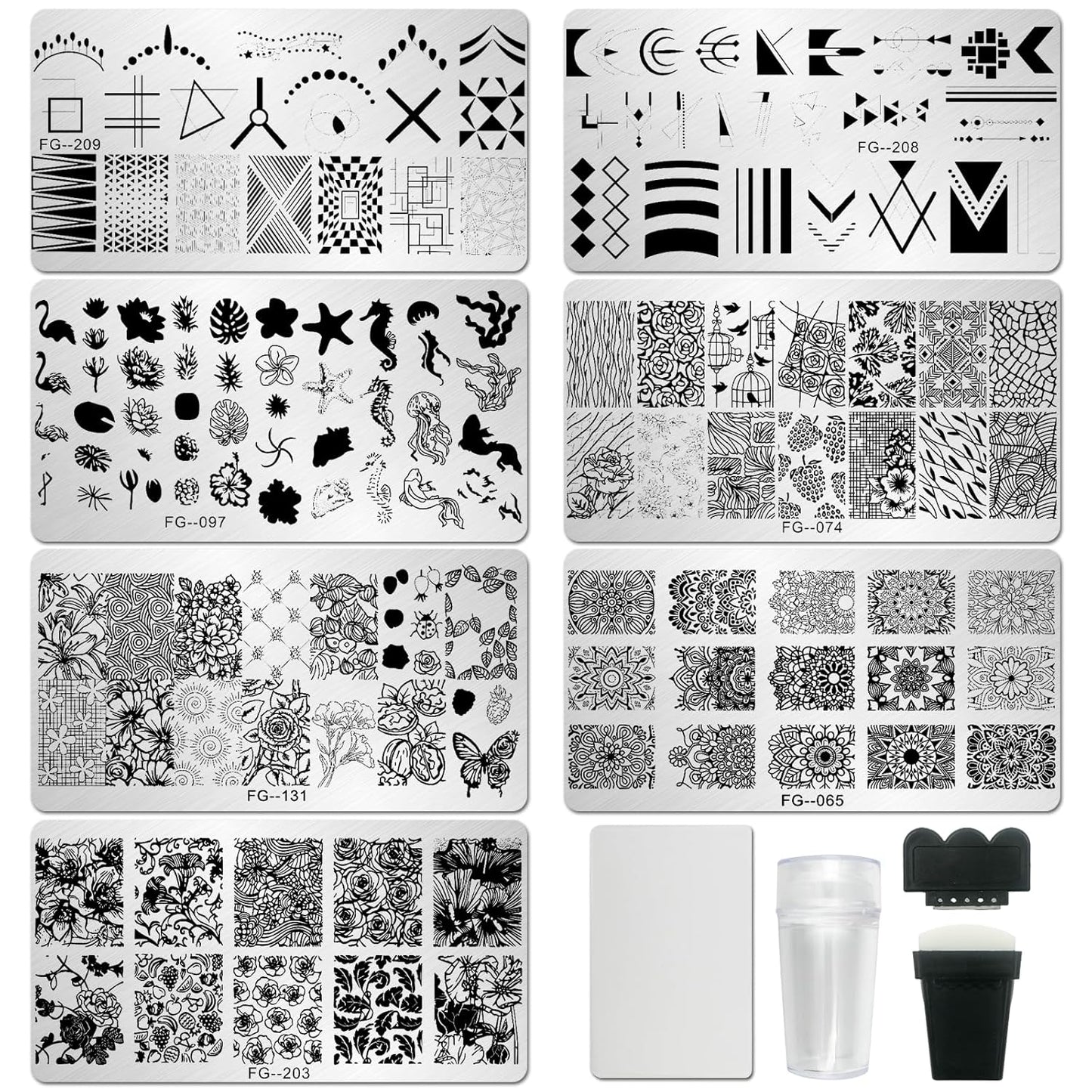 AddFavor Nail Stamper Kit 7pcs Nail Stamping Plates Flower Geometric Mandala Animal Image Nail Stencils with 2 Stamp and 2 Scraper for Home Salon Manicure Design Supplies Tools