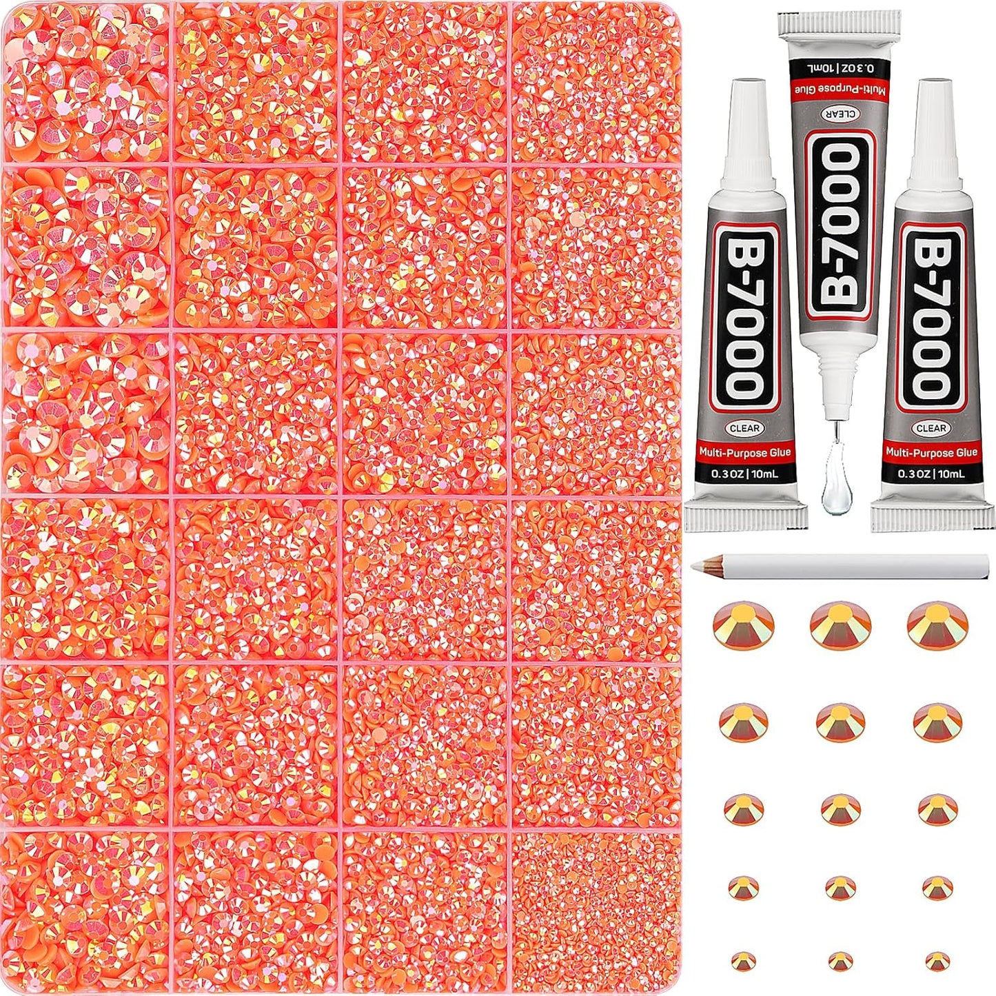30000Pcs Resin Jelly Rhinestones Set for Crafting Bedazzling, Neon Orange AB Flatback Gems Jewels for Crafts Clothes Shoes Fabric Outfit Nails Makeup, Flat Back Crystal 2-6mm with b 7000 Glue