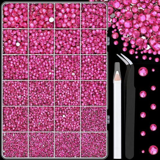 25000Pcs Resin Rhinestones with Tweezers for Crafting, Hot Pink 2-6mm Mixed Sizes Non Hotfix Flatback Gems, Bedazzling Crystal for DIY Craft Clothing Mugs Tumblers Shoes Fabric Decor Nail Art