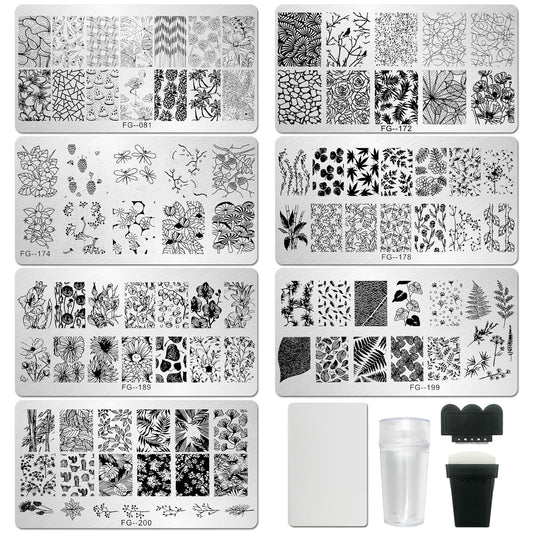 AddFavor Nail Stamper Kit - 7pcs Flower Leaves Stamping Plate with Silicone Stamper and Scraper, Animal Image Nail Stencils, Design Supplies
