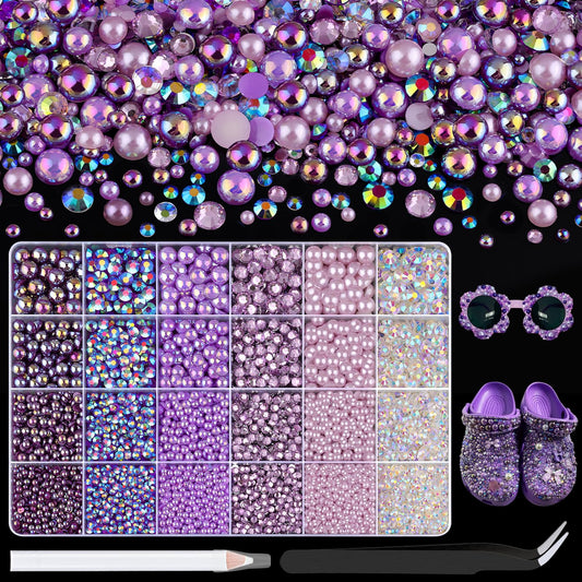 9000Pcs Flatback Pearls and Rhinestones for Crafting, Purple Series Mixed Size 3-8mm Resin Rhinestones and Half Pearls for Bedazzling, Nail Art with Tweezers and Pickup Pencil