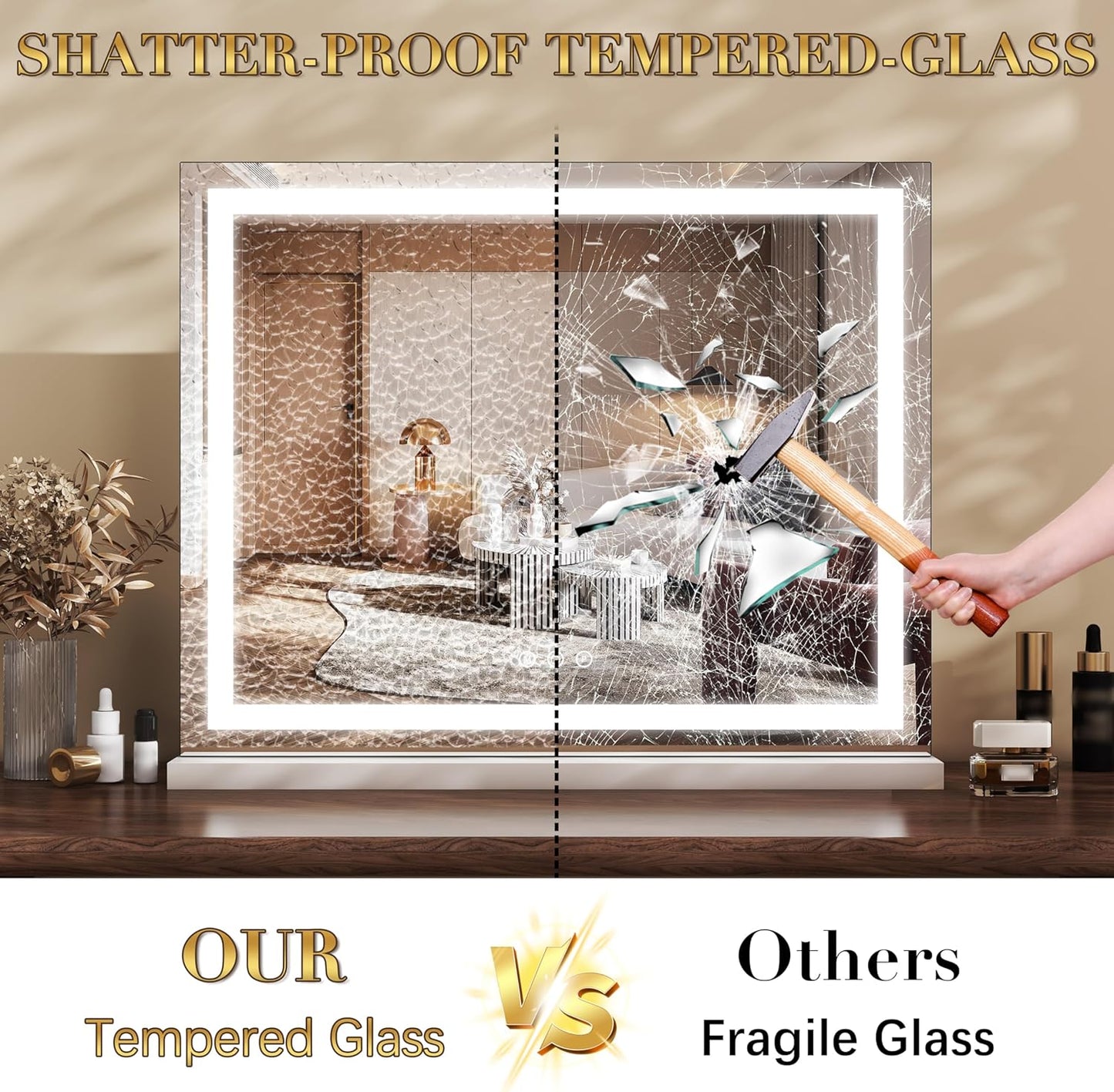 23x18 Inch Lighted Vanity Mirror, 3-Color Dimmable LED & Touch Control - Large Makeup Mirror for Dressing Room (Wall/Tabletop Mount)