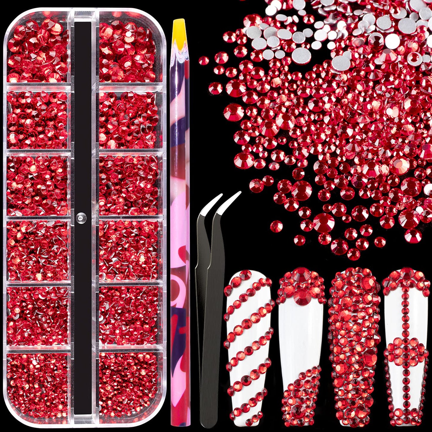 6 Sizes Red Glass Crystal Kit with Pickup Pen + Tweezer Tools for Shine Nail Art Manicure Makeup DIY Decoration Flatback Round Rhinestone Gem Jewelry Diamond