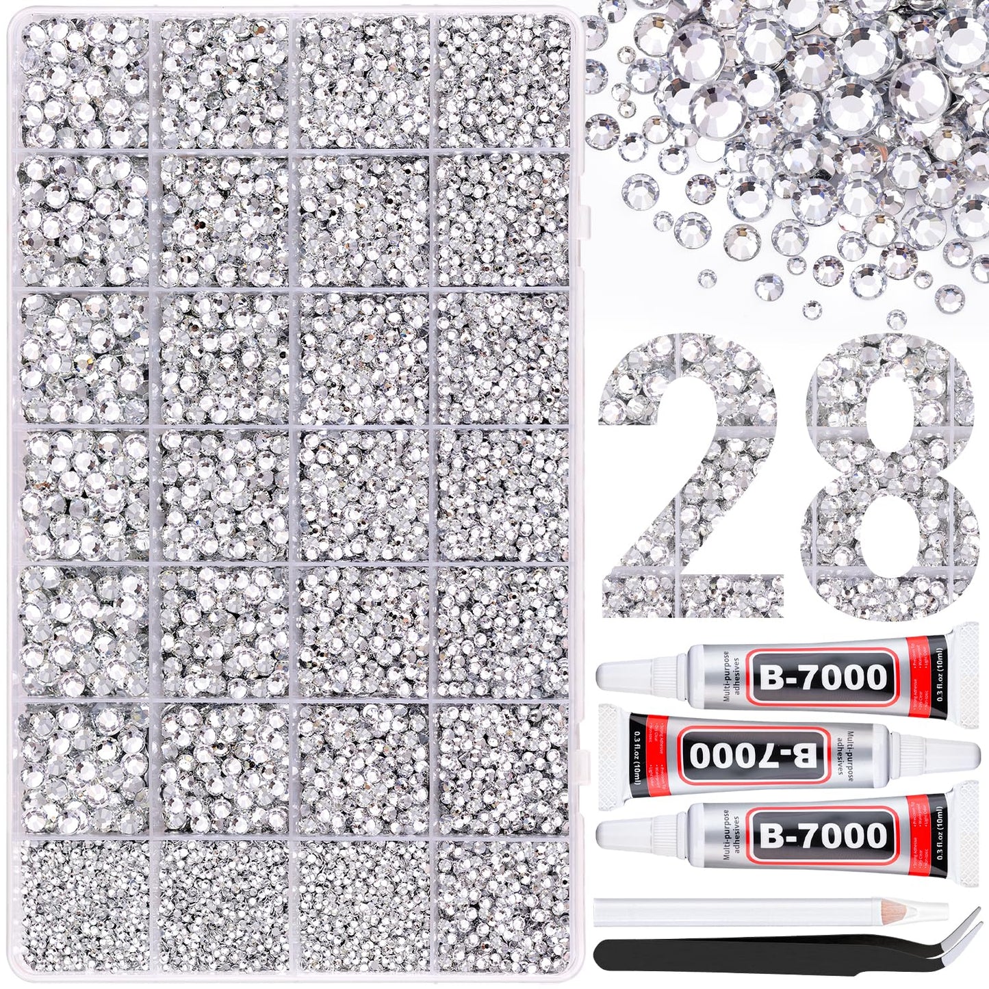 30000Pcs Resin Rhinestones for Bedazzling with 3Pcs B7000 Jewelry Glue, Clear Flatback Gems Rhinestones for Crafting, Clothing Tumblers Mugs Shoes Fabric Decor Nail Art